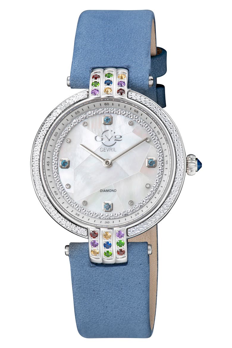 GEVRIL Women's Matera Gemstone Diamond Suede Strap Watch, 35mm - 0.038 ctw, Main, color, BLUE