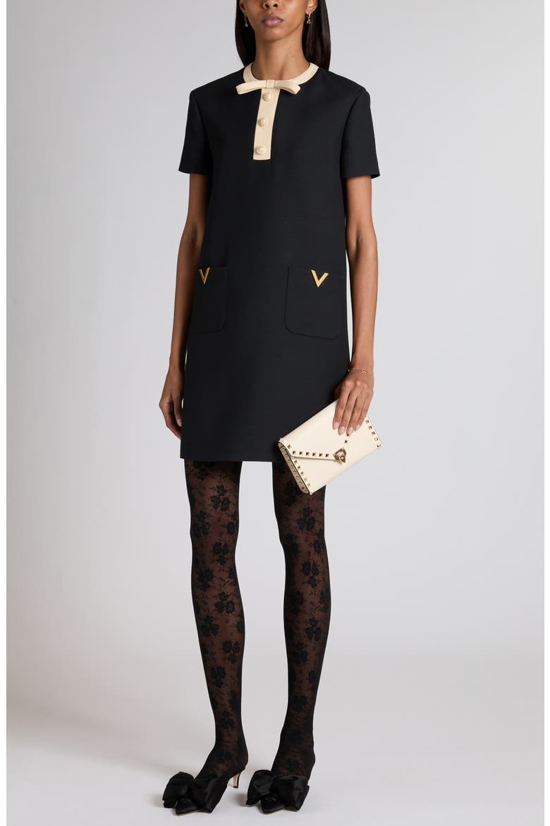 V-Detail Crepe Couture Minidress, Alternate, color, BLACK/ CREAM