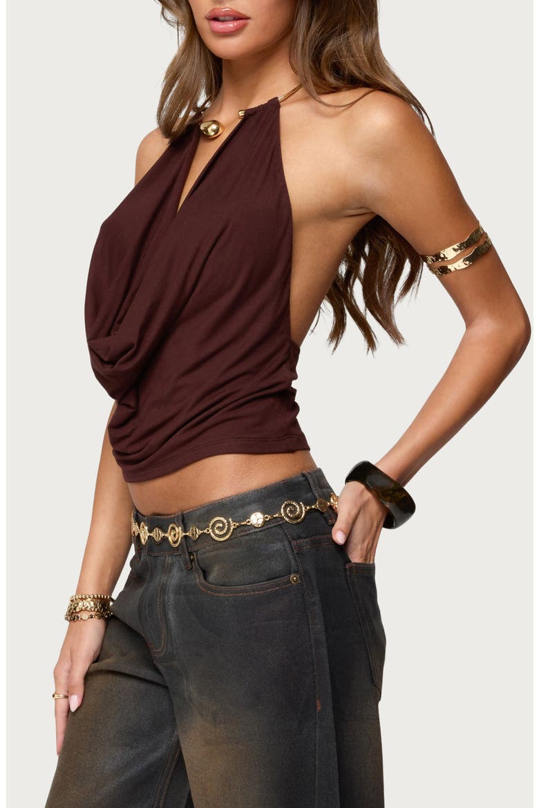Mileva Cuff Hardware Cowl Neck Halter Top, Alternate, color, BROWN