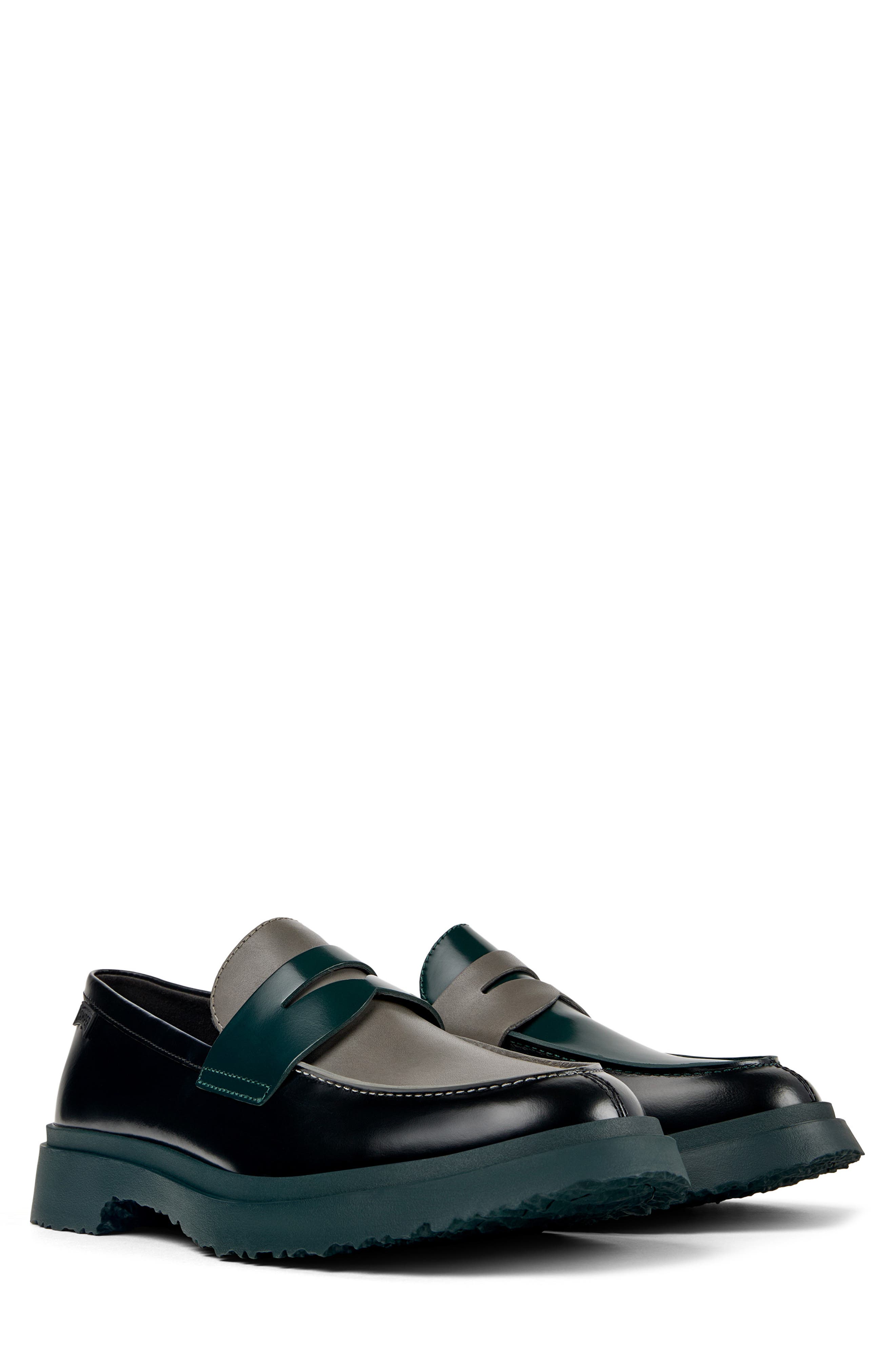 Camper Walden Twins Mismatched Colorblock Penny Loafers, Alternate, color, Black And Dark Green