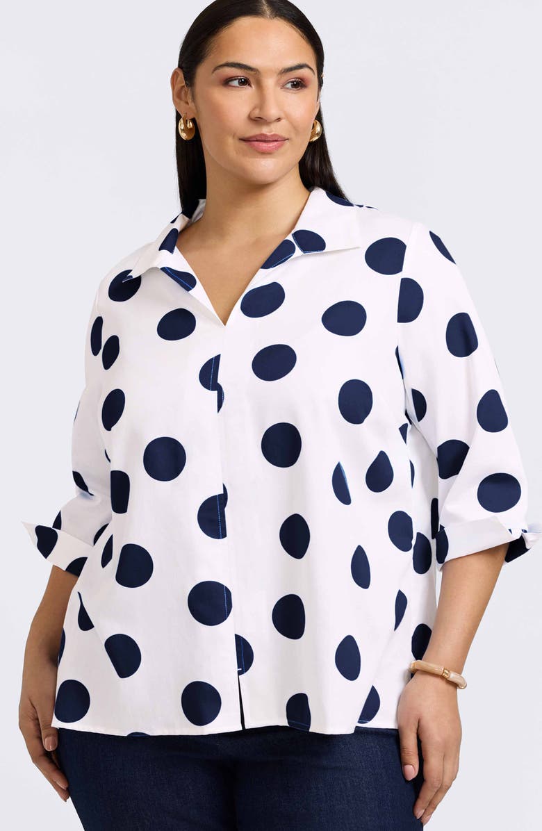 Foxcroft Agnes Polka Dot Cotton Popover Top, Alternate, color, White/ Navy