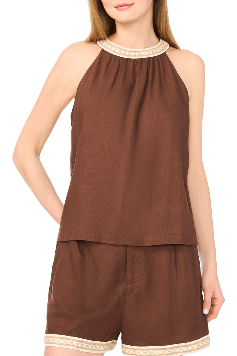 Beaded Trim High Neck Woven Top, Main, color, SHAVED CHOCOLATE