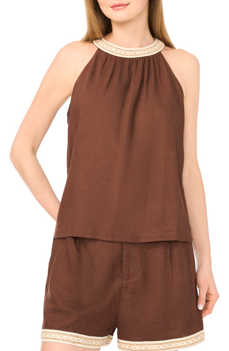 Parker Beaded Trim High Neck Woven Top, Main, color, Shaved Chocolate