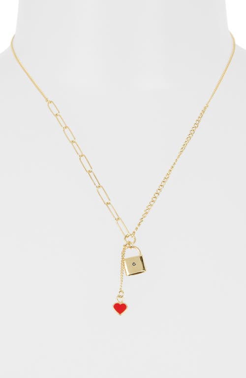 Meshmerise Heart & Lock Drop Pendant Necklace In Yellow