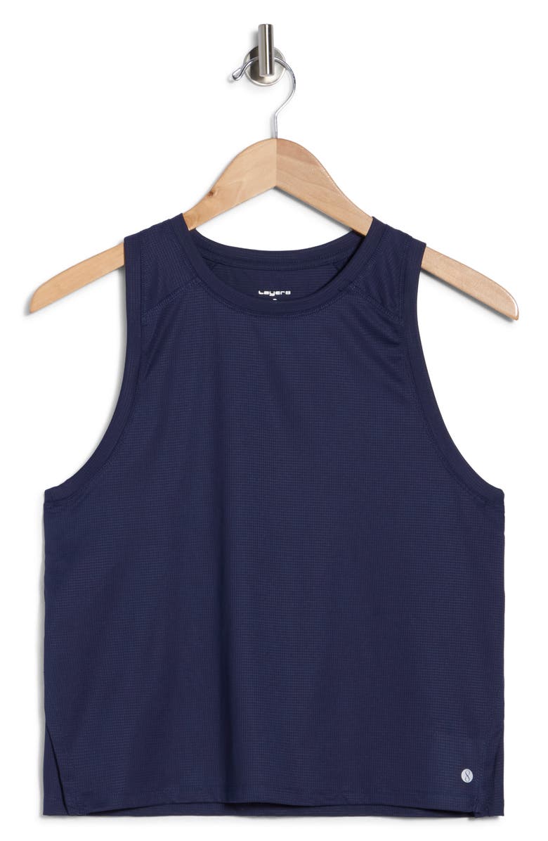 LAYER 8 Side Fly Away Training Tank, Alternate, color, Peacoat