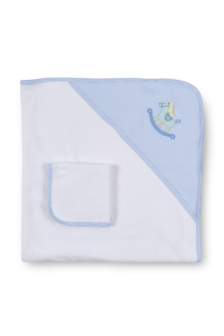 Stripe Knit Towel Set With Rocking Horse, Main, color, Light Blue, White