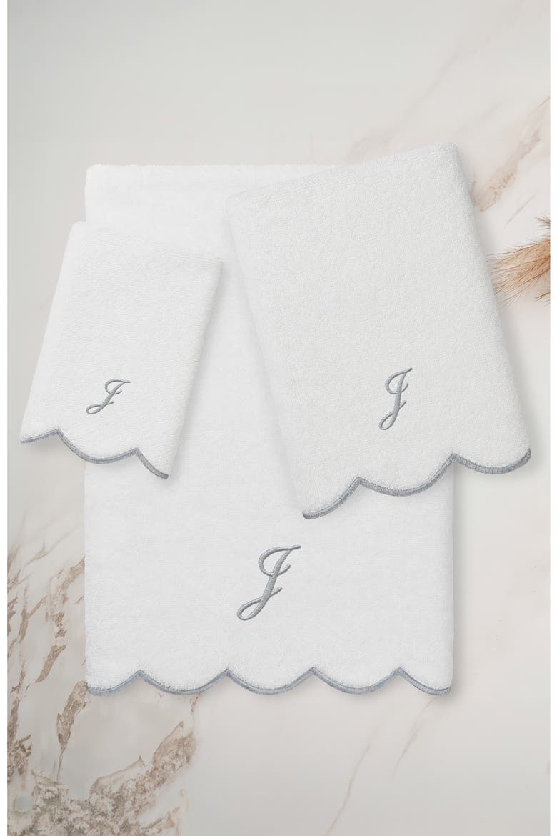 Scallop Personalized Monogram 3-Piece Towel Set, Alternate, color, WHITE/ GRAY J