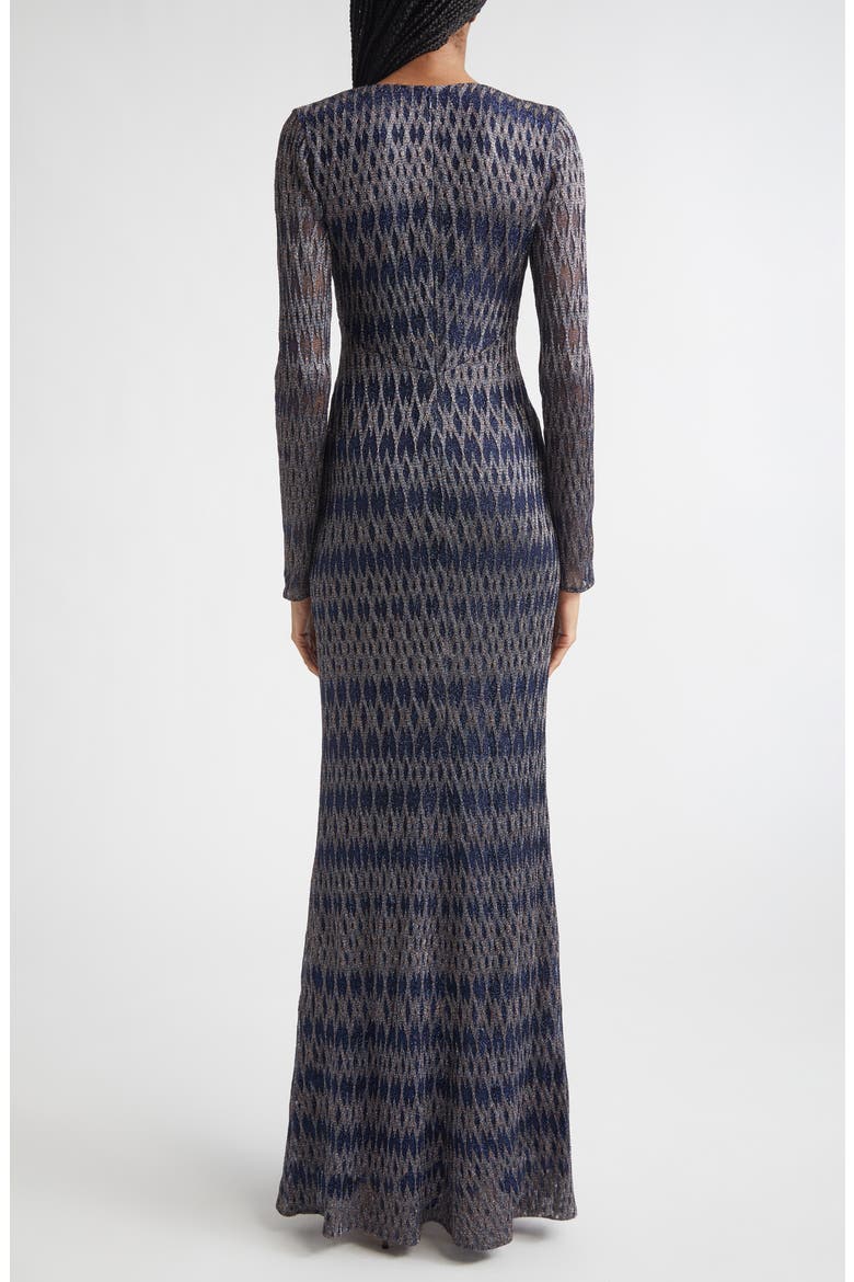Long Sleeve 3D Diamond Pattern Lamé Maxi Dress, Alternate, color, BLUE TONES