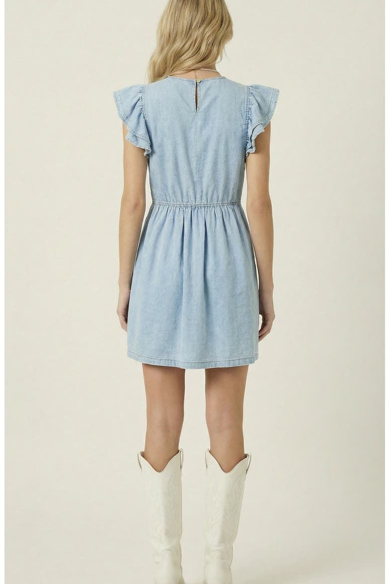 Sleeveless Ruffle Denim Mini Dress, Alternate, color, Light Wash Blue