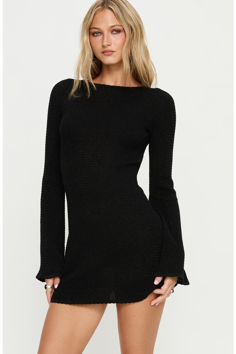 Rhapsody Metallic Back Cutout Long Sleeve Sweater Minidress, Alternate, color, BLACK