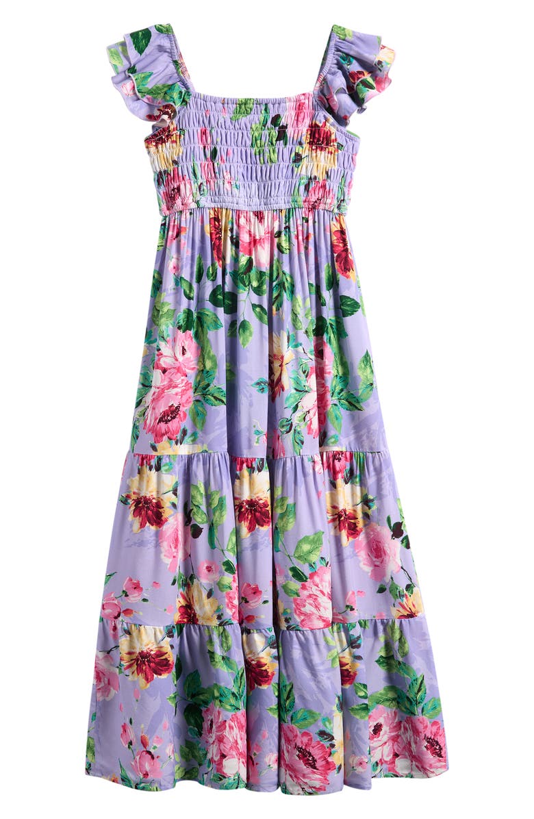 Ava & Yelly Kids' Floral Smocked Bodice Satin Maxi Dress, Alternate, color, Peri
