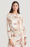 Misook Draped Neck Floral Print Silk Blouse