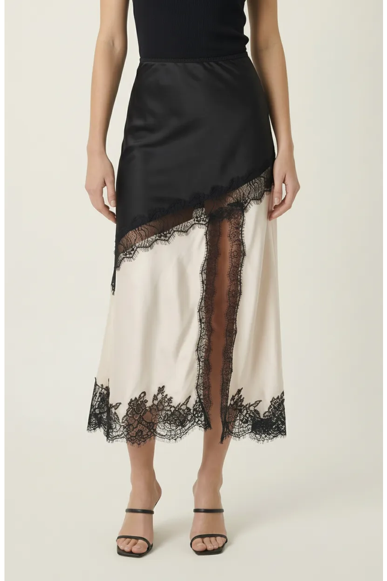 Lace Trim Asymmetric Satin Midi Skirt with Contrast Panel, Main, color, Beige