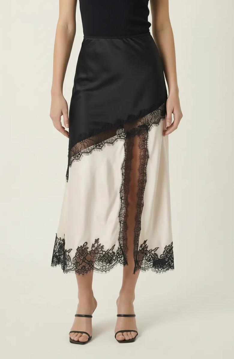 Modenaire Lace Trim Asymmetric Satin Midi Skirt with Contrast Panel, Main, color, Beige
