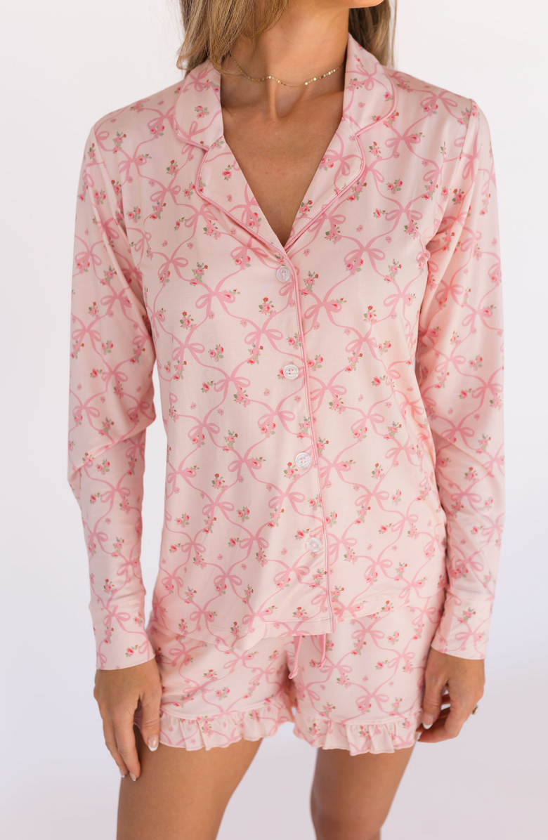 In My Jammers Rosie Bow Long Sleeve Short Set Sleepwear, Alternate, color, Blush Pink
