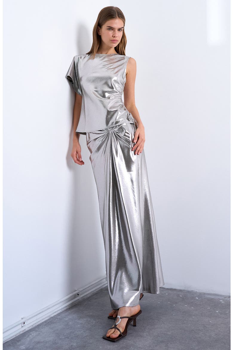 Metallic Knot Midi Skirt, Main, color, SILVER