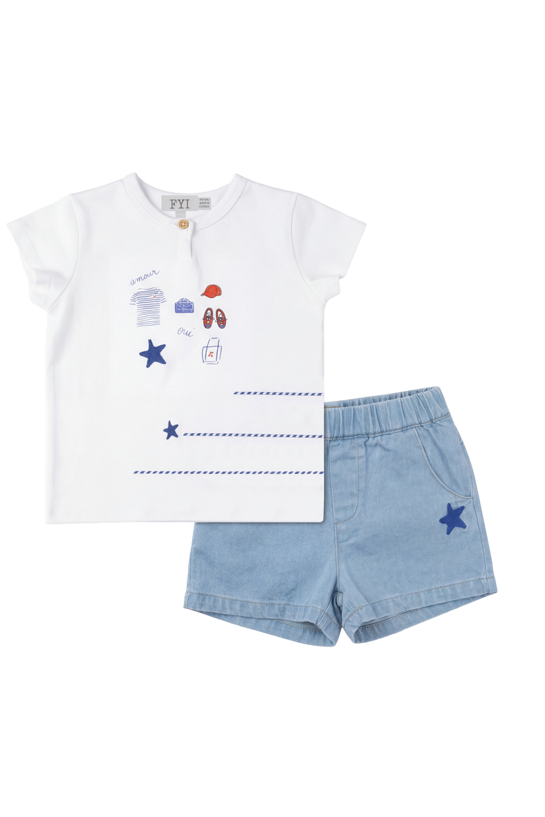 Boys 2pc Star Embroidered Denim Set - Short Sleeve Tee and Elastic Waist Shorts, Main, color, Denim