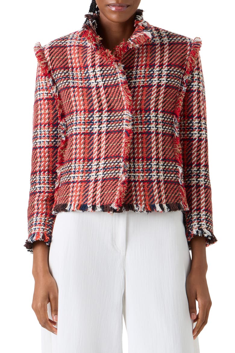 Check Tweed Crop Jacket, Main, color, RED-MULTICOLOR