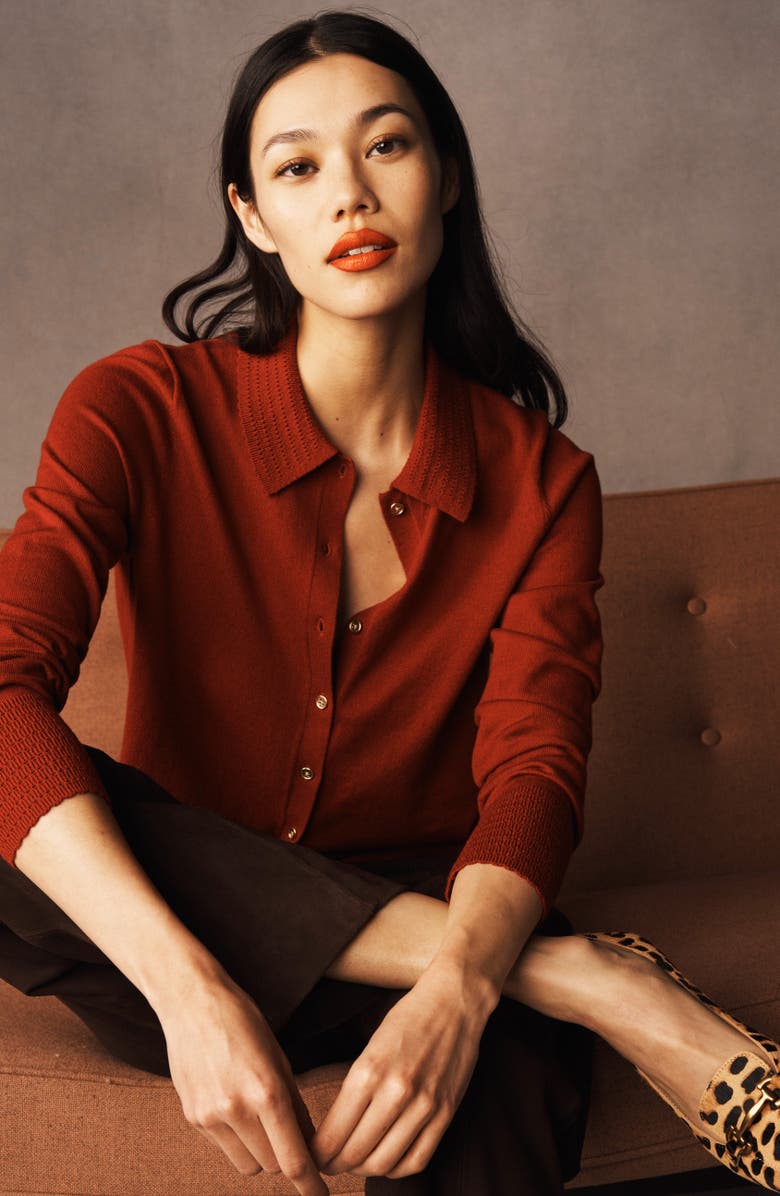 Boden Briony Pointelle Trim Cotton & Wool Cardigan, Alternate, color, Red Liquorice