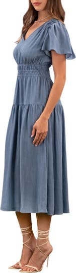 Flutter Sleeve Smocked Chambray Midi Dress