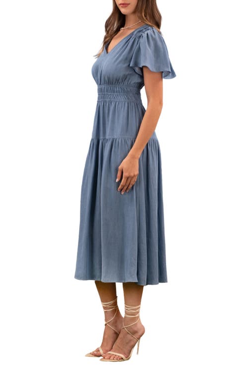 August Sky Flutter Sleeve Smocked Chambray Midi Dress In Chambray