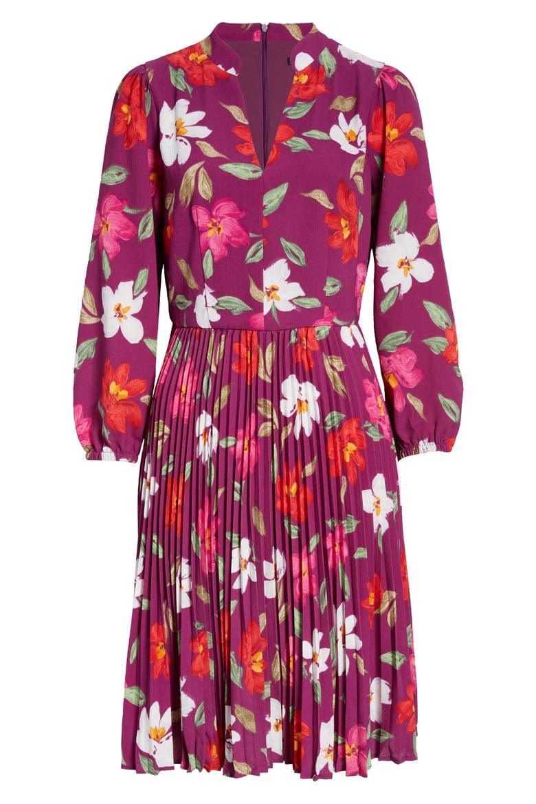 Pleated Long Sleeve Dress, Alternate, color, ROSE WINE/ RASPBERRY