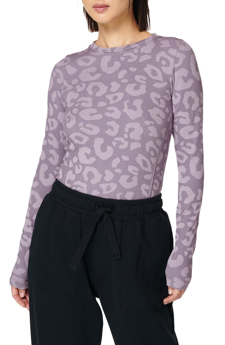 Sweaty Betty Glisten Seamless Long Sleeve Top, Main, color, Purple Leopard Paint Jacquard