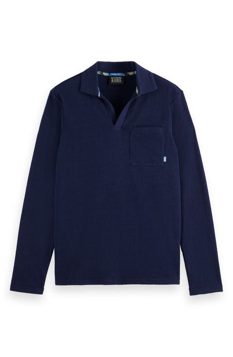 Relaxed Fit Long Sleeve Cotton Johnny Collar Polo