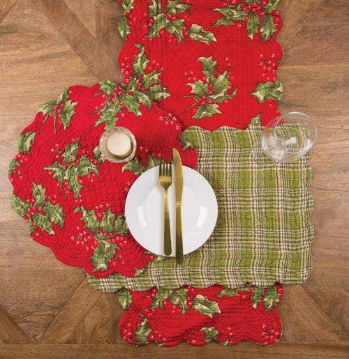 C & F Home C&f Home Red Holly Leaves & Berries Cotton Quilted Christmas Table Runner 14" X 51" In Red