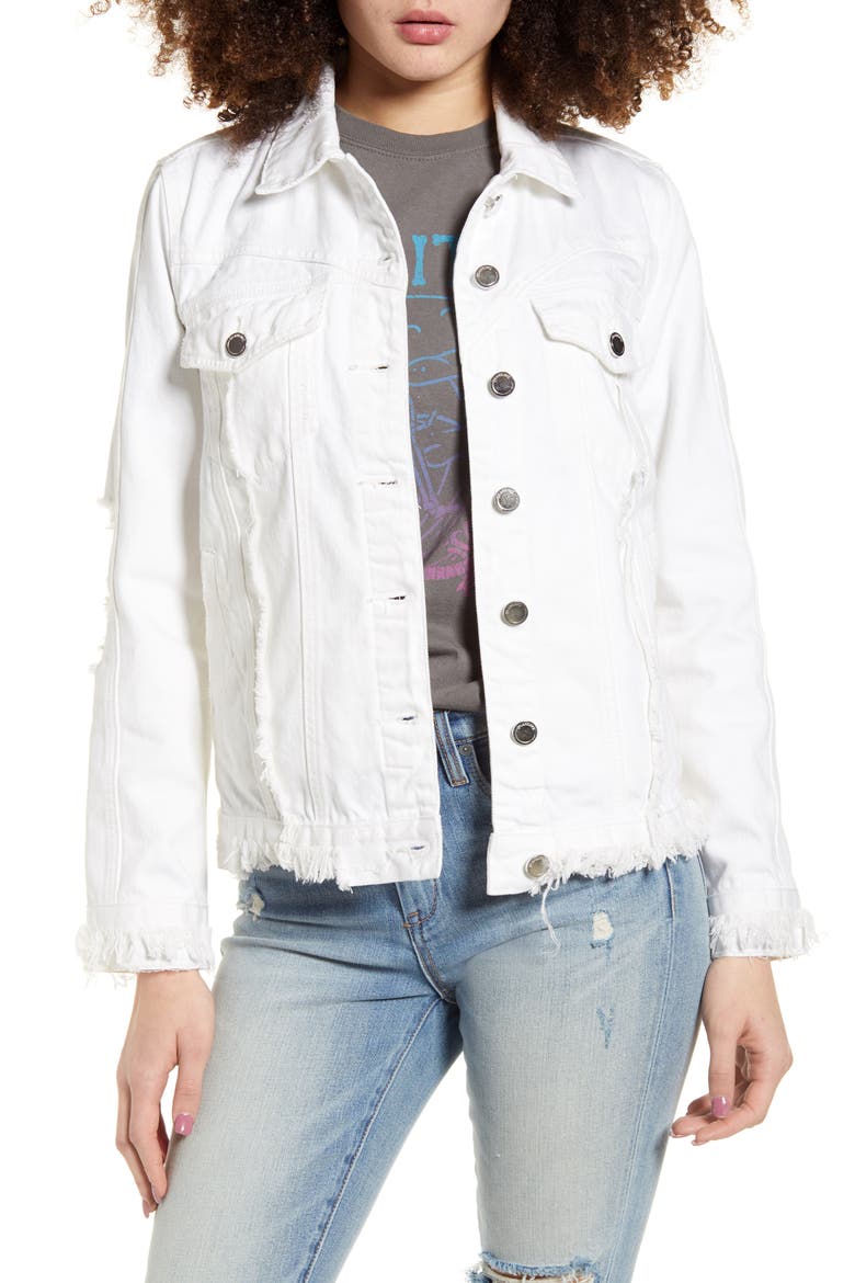 Fray Hem Denim Trucker Jacket, Main, color, HEAD IN THE CLOUDS