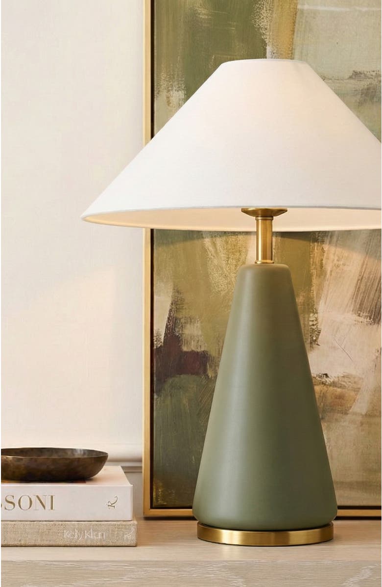 Brightech Dawn 19" Green Matte LED Table Lamp with Ivory Cotton Cone Shade and Brass Base, Alternate, color, Green