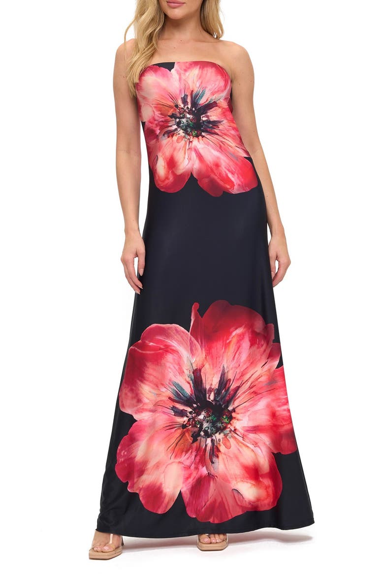 Printed Strapless Maxi Dress, Main, color, BLACK