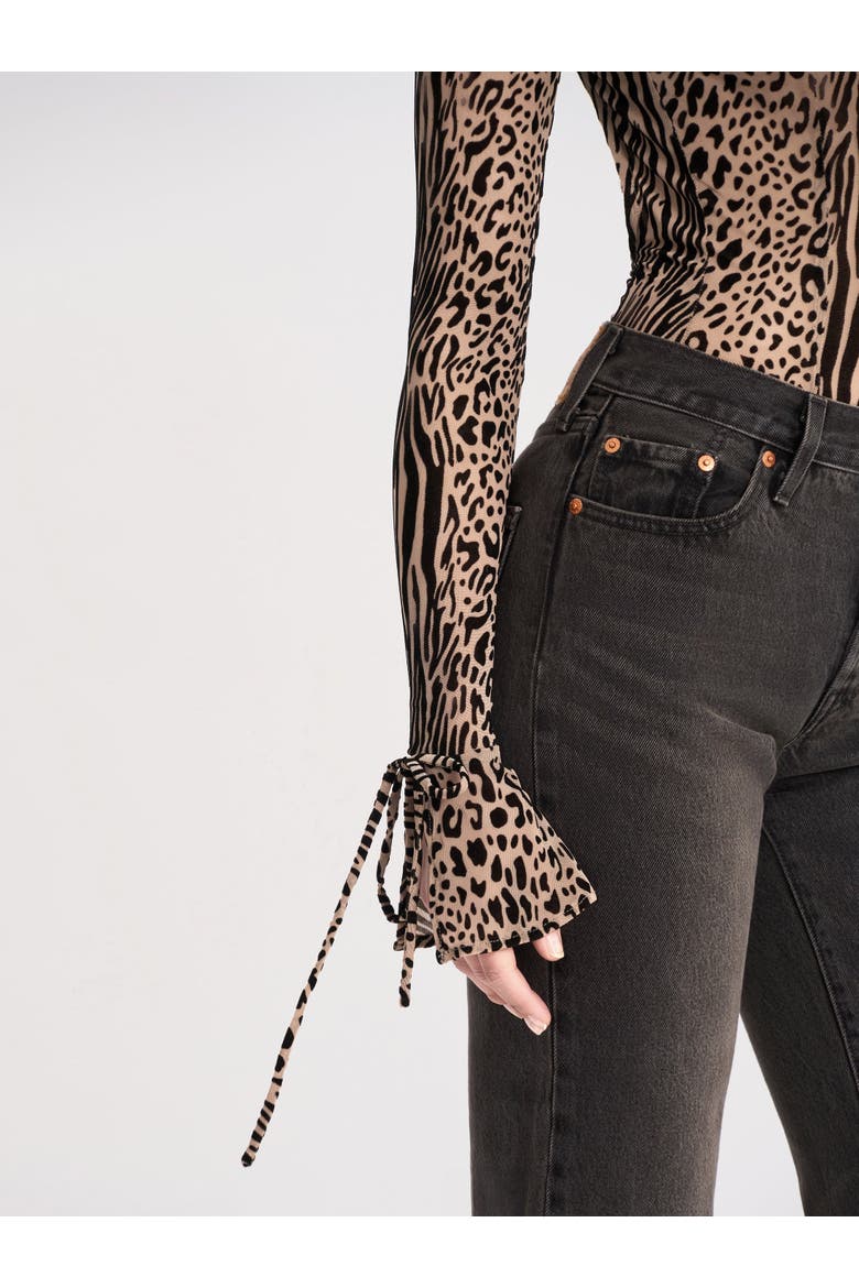 Ibera Animal Print Burnout Velvet Long Sleeve Bodysuit, Alternate, color, Brown