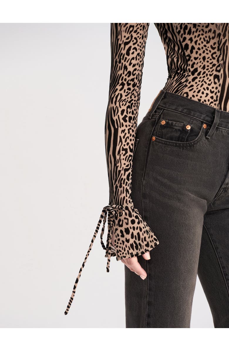 Miss Circle Ibera Animal Print Burnout Velvet Long Sleeve Bodysuit, Alternate, color, Brown