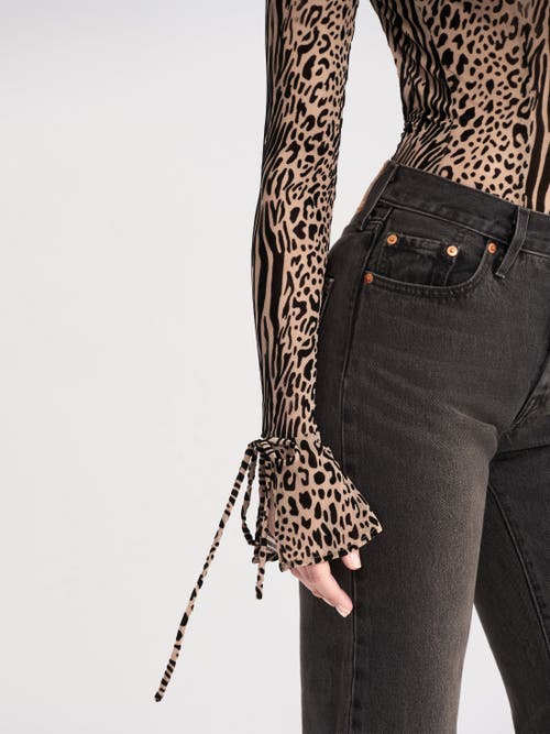 Miss Circle Ibera Animal Print Burnout Velvet Long Sleeve Bodysuit In Brown