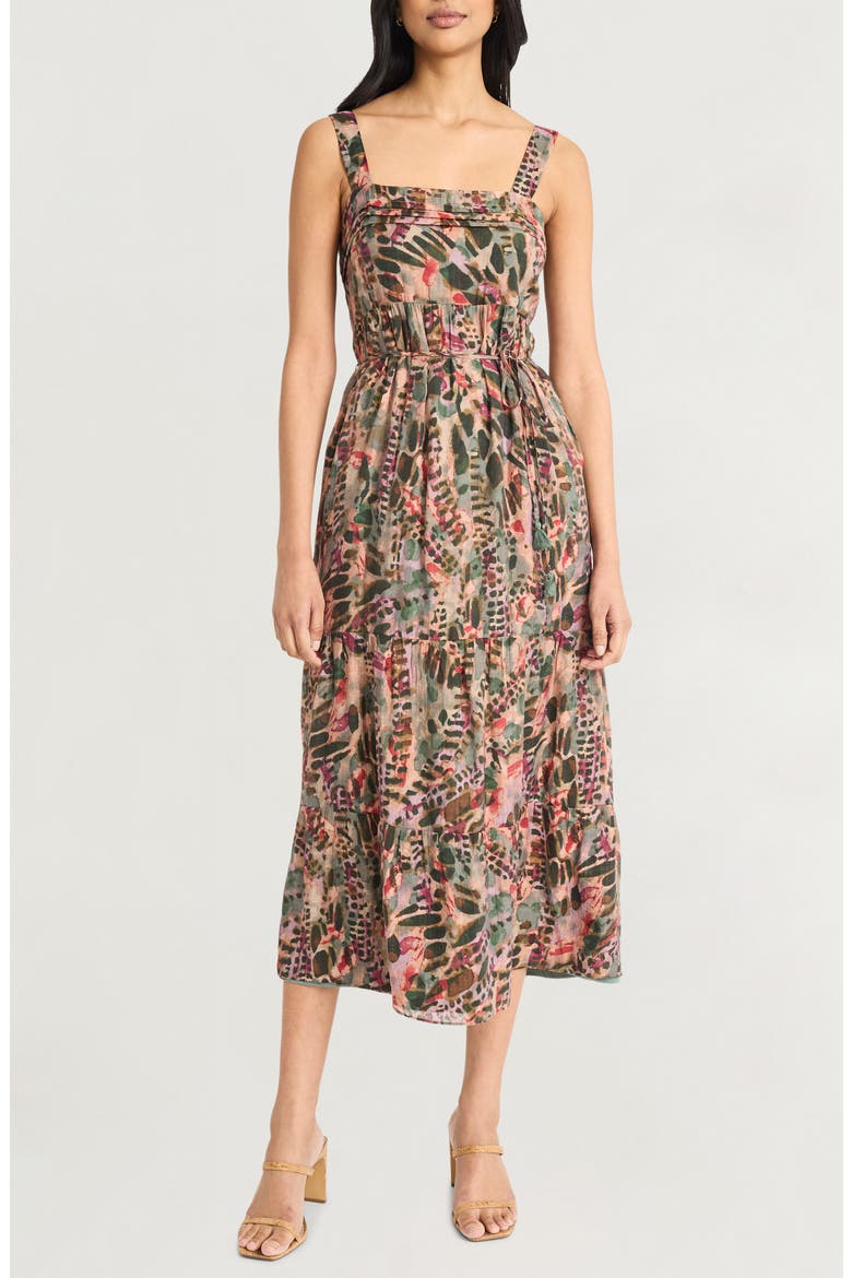 Square Neck Tiered Midi Sundress, Main, color, BROWN/ WINE/ CORAL