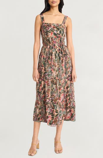 The Good Journey Square Neck Tiered Midi Sundress in Brown/Wine/Coral at Nordstrom Rack, Size Medium
