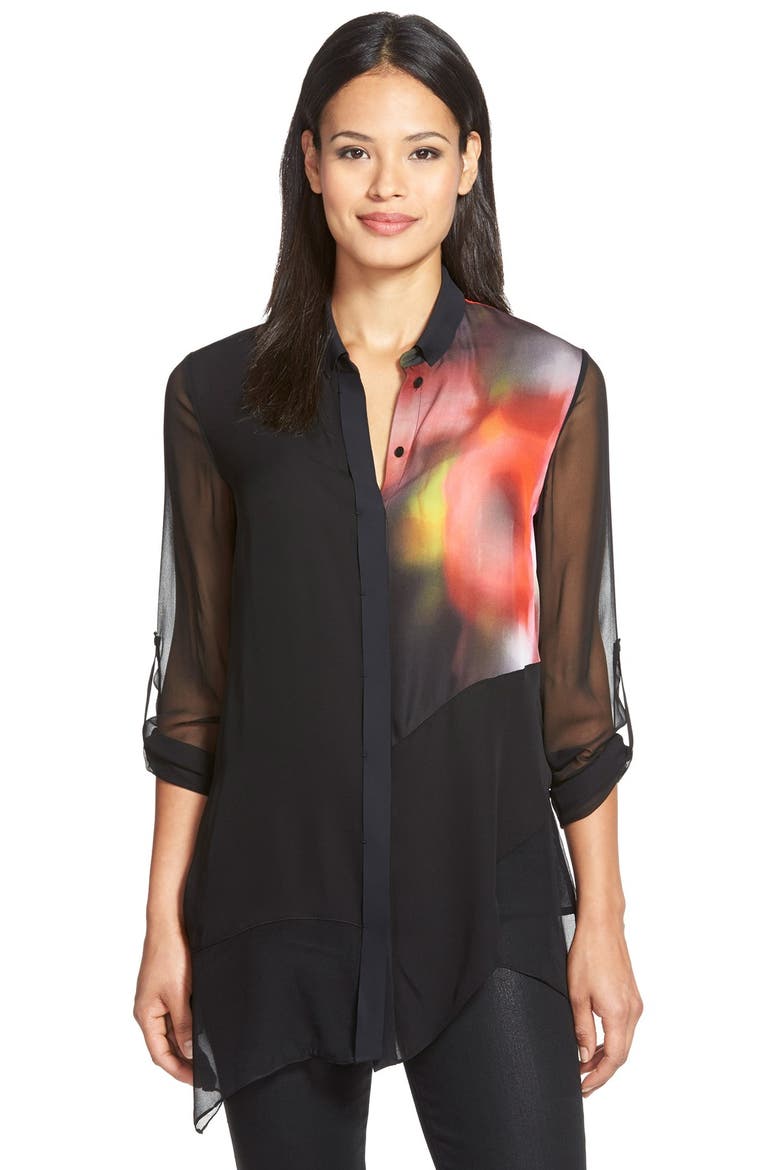 'Gracelynn' Print Silk Roll Sleeve Blouse, Main, color, POPPY MULTI