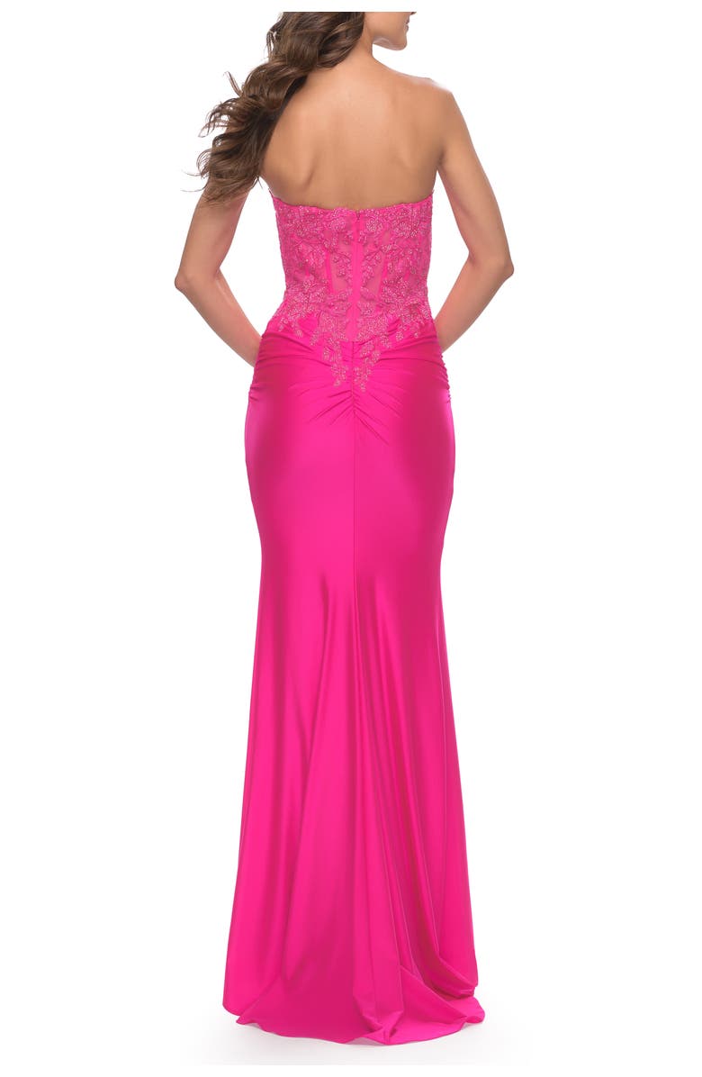 La Femme Stunning Strapless Jeweled Lace and Jersey Dress in Neon Pink, Alternate, color, 