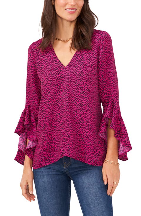 Print Ruffle Sleeve Popover Blouse