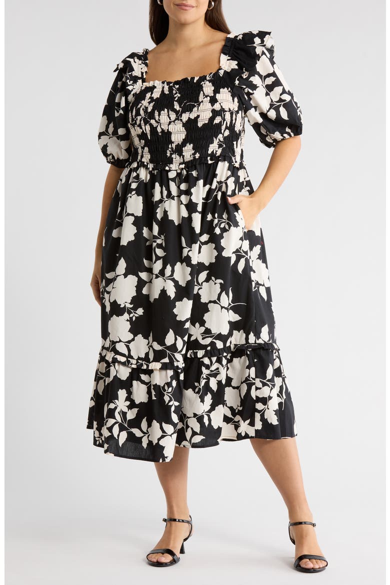 Mableton Floral Print Smocked Dress, Main, color, BLACK-CREAM