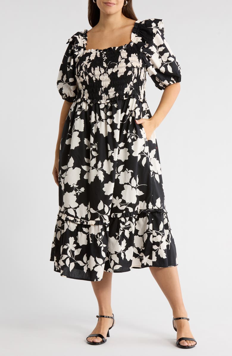 SUGARLIPS Mableton Floral Print Smocked Dress, Main, color, Black-Cream