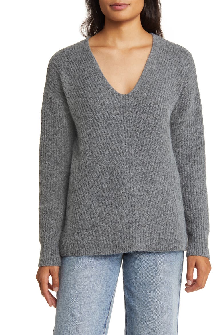 Directional V-Neck Sweater, Main, color, GREY DARK HEATHER