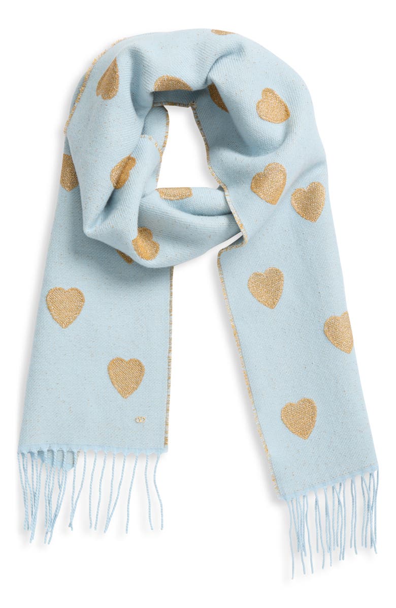 Valentino Garavani Metallic Heart Jacquard Virgin Wool & Cashmere Blend Fringe Scarf, Alternate, color, Celeste Oro/ Oro
