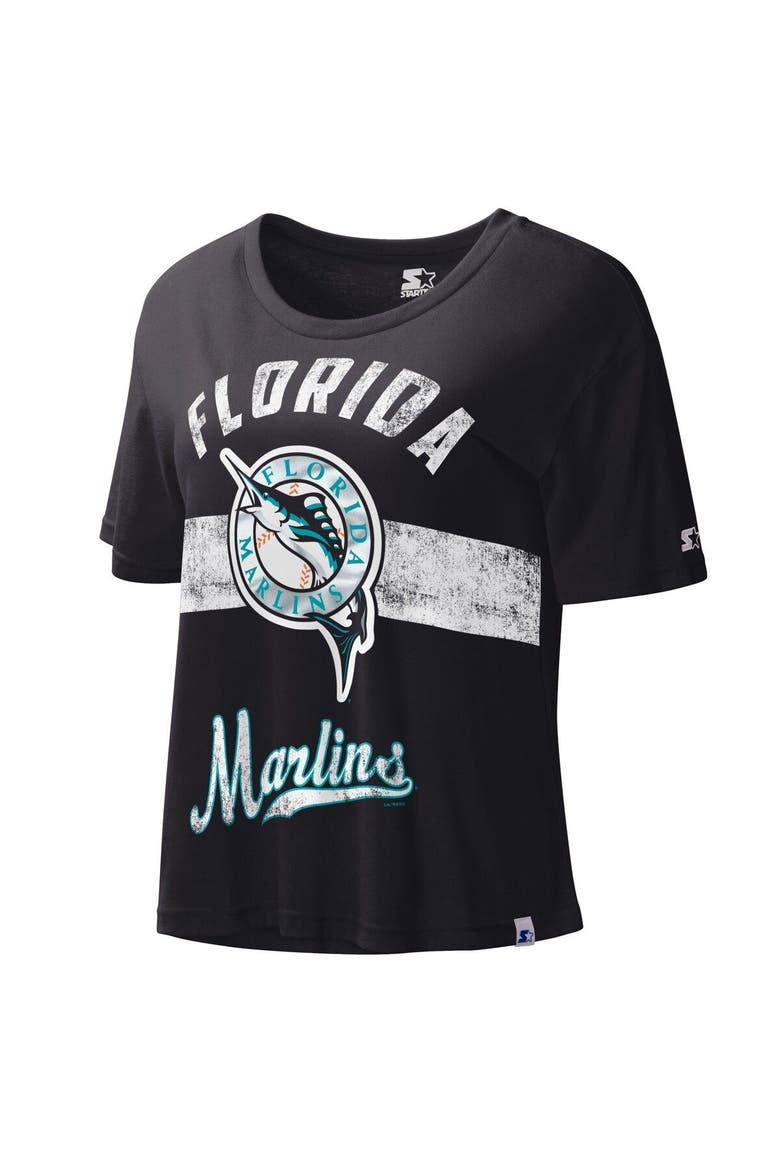 Women's Starter Black Florida Marlins Cooperstown Collection Record Setter Crop Top, Main, color, Black