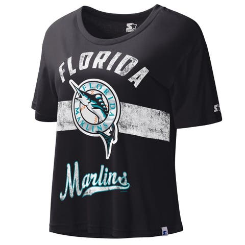 Women's Starter Black Florida Marlins Cooperstown Collection Record Setter Crop Top