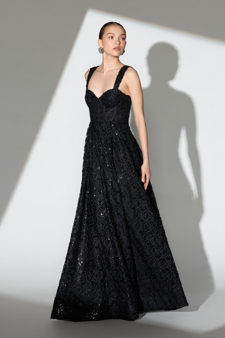 Sleeveless Sweetheart Floral Tulle A Line Gown, Alternate, color, Black