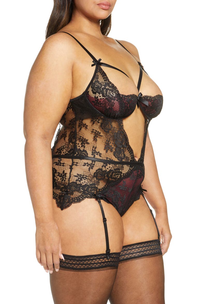 Cutout Lace Underwire Teddy with Suspender Straps, Alternate, color, BLACK/ ZINFANDEL