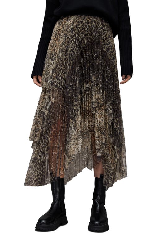 AllSaints Veena Noche Pleated Sharkbite Midi Skirt in Black Brown