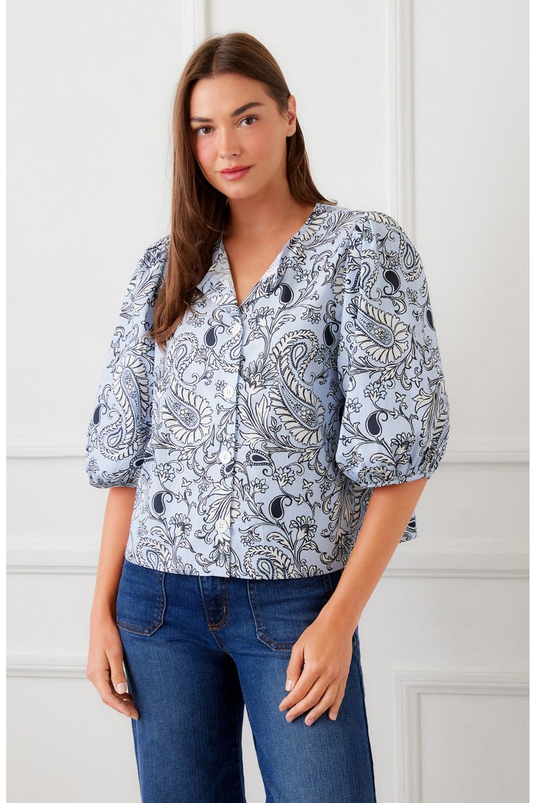 Puff Sleeve Button-Up Top, Alternate, color, BLUE PAISLEY